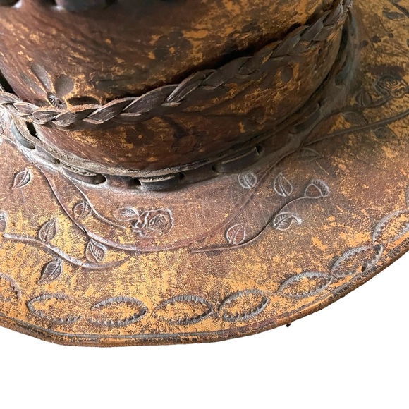 (SOLD) HANDMADE Vintage Hand Tooled Leather Mexican Western Cowboy Hat Hat O/S - Picture 13 of 15
